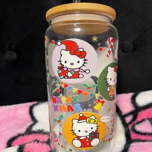 Hello Kitty Christmas 16oz glass cup with straw